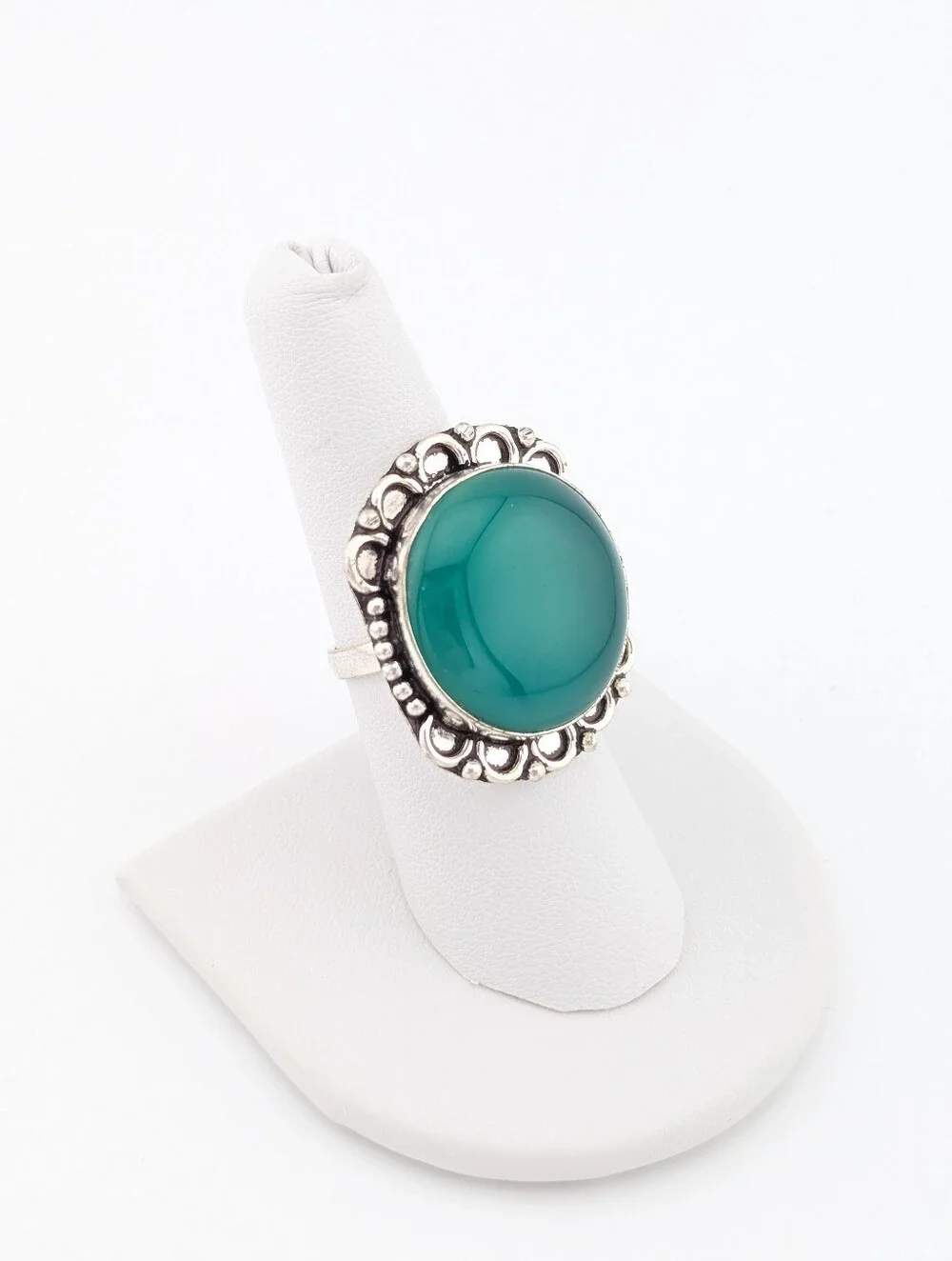 Teal Cabochon Silver Tone Statement Ring - 8 - N